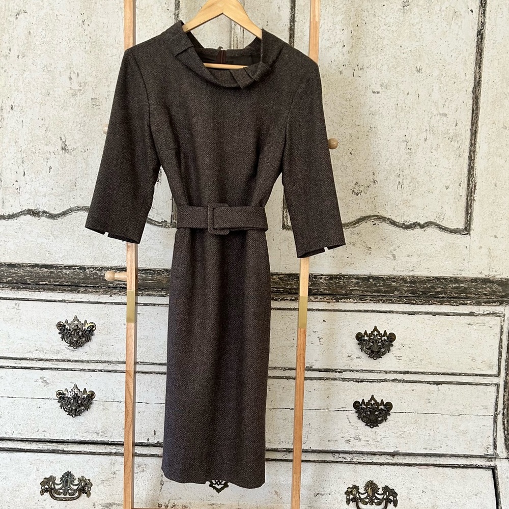 Trixi Shober luxurious classic brown tweed dress w modern details.